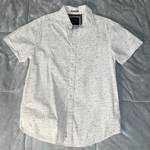 White and black short sleeve button up shirt